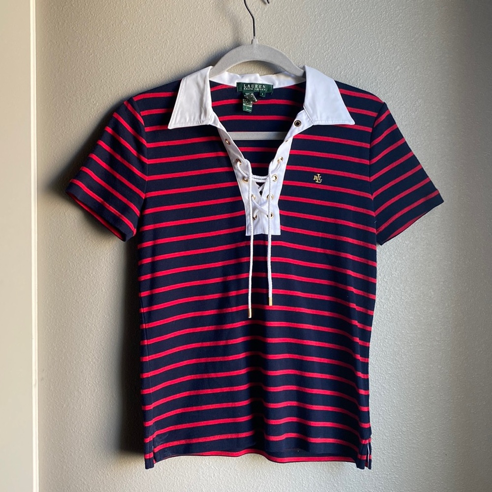 Vintage Lauren Ralph Lauren striped shirt with lace up detail, navy/red/white S.